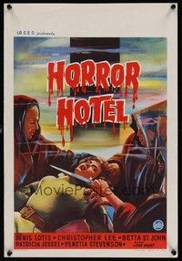 3j522 HORROR HOTEL Belgian '60 horror artwork of woman about to be sacrificed!