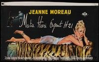 3j581 MATA HARI Belgian '64 great image of sexy spy Jeanne Moreau laying across a tiger pelt!