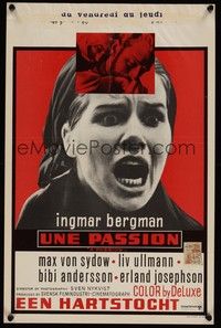 3j620 PASSION Belgian '70 Ingmar Bergman's En Passion, close-up of terrified Liv Ullmann!