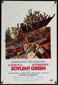 3j682 SOYLENT GREEN Belgian '73 art of Charlton Heston trying to escape riot control by John Solie