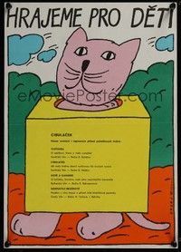 3j280 HRAJEME PRO DETI Czech 11x16 '81 Nagaj art of cartoon cat in box!