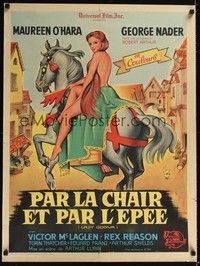 3j117 LADY GODIVA French 23x32 '55 artwork of super sexy naked Maureen O'Hara on horseback!
