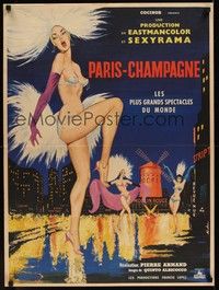 3j122 PARIS-CHAMPAGNE French 23x32 '62 Sinclare artwork of sexy Moulin Rouge dancers!