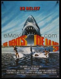 3j143 JAWS 3-D French 15x21 '83 great Gary Meyer shark artwork, the third dimension is terror!