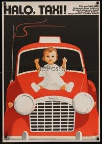 3j181 HALLO TAXI TV Polish 23x33 '76 Hanz Knotzsch, Zaradkiewicz art of baby on car hood!