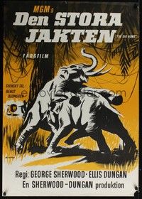 3j006 BIG HUNT Swedish '59 cool Gullberg artwork of fighting elephants!