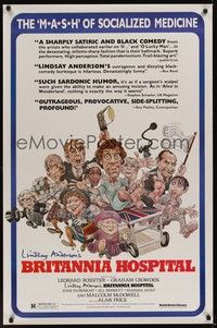 3k077 BRITANNIA HOSPITAL 1sh '82 Lindsay Anderson, wacky Sam Viviano artwork of cast!