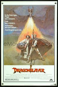 3k139 DRAGONSLAYER 1sh '81 cool Jeff Jones fantasy artwork of Peter MacNicol w/spear, dragon!