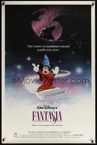 3k176 FANTASIA 1sh R85 great image of wizard Mickey Mouse, Disney musical cartoon classic!