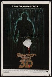 3k193 FRIDAY THE 13th PART 3 - 3D 1sh '82 slasher sequel, art of Jason stabbing through shower!