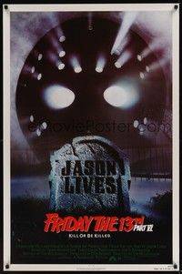 3k195 FRIDAY THE 13th PART VI 1sh '86 Jason Lives, cool image of hockey mask & tombstone!