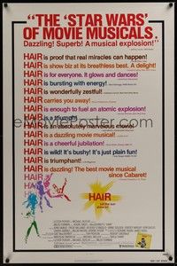 3k217 HAIR review style 1sh '79 Milos Forman, Treat Williams, musical, let the sun shine in!