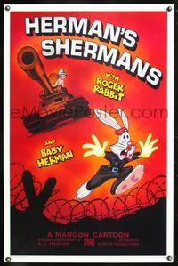 3k233 HERMAN'S SHERMANS Kilian 1sh '88 great art of Roger Rabbit running from Baby Herman in tank!
