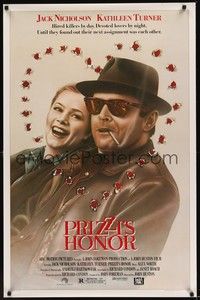 3k363 PRIZZI'S HONOR 1sh '85 cool art of smoking Jack Nicholson & Kathleen Turner w/bullet holes!