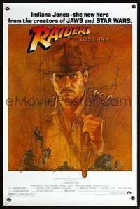 3k367 RAIDERS OF THE LOST ARK 1sh '90s, cool art of Harrison Ford by Richard Amsel!
