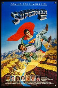 3k441 SUPERMAN III advance 1sh '83 art of Christopher Reeve flying with Richard Pryor by L. Salk!