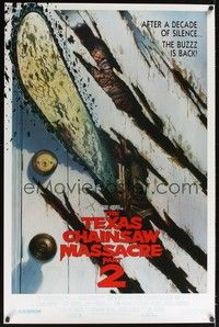 3k454 TEXAS CHAINSAW MASSACRE PART 2 door style 1sh '86 Tobe Hooper horror sequel, cool Huston art!
