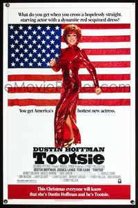 3k468 TOOTSIE advance 1sh '82 full-length Dustin Hoffman in drag by American flag!