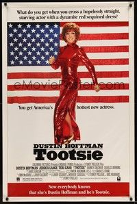 3k469 TOOTSIE video 1sh '82 full-length Dustin Hoffman in drag by American flag!