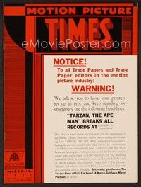 3m059 MOTION PICTURE TIMES exhibitor magazine March 31, 1932 Tarzan the Ape Man breaks all records!