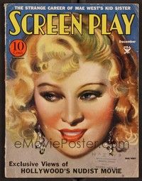 3m097 SCREEN PLAY magazine December 1933 fantastic close up headshot art of sexy Mae West!