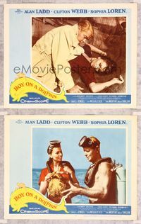 3p994 BOY ON A DOLPHIN 2 LCs '57 great images of Alan Ladd & sexiest Sophia Loren!