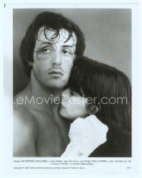 3r358 ROCKY 8x10 still '77 classic image of beaten boxer Sylvester Stallone holding Talia Shire!