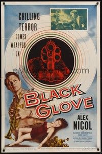 3t086 BLACK GLOVE 1sh '54 really cool pointing gun, Alex Nicol w/trumpet & sexy full-length girl!