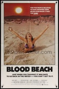 3t093 BLOOD BEACH 1sh '81 classic Jaws parody image of sexy girl in bikini sinking in quicksand!