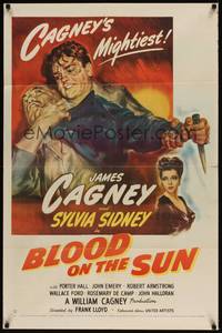 3t095 BLOOD ON THE SUN 1sh '45 great artwork of James Cagney in fight, plus sexy Sylvia Sidney!