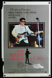 3t127 BUDDY HOLLY STORY 1sh '78 great image of Gary Busey performing on stage with guitar!