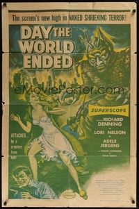 3t221 DAY THE WORLD ENDED 1sh '56 Roger Corman, great art of sexy Lori Nelson & wacky monster!