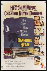 3t239 DIAMOND HEAD 1sh '62 Charlton Heston, Yvette Mimieux, Howard Terpning art of Hawaii!