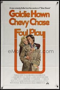 3t320 FOUL PLAY 1sh '78 wacky Lettick art of Goldie Hawn & Chevy Chase, screwball comedy!