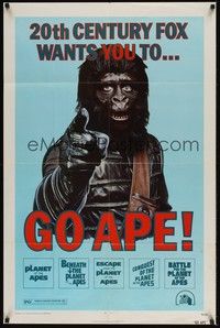 3t367 GO APE 1sh '74 5-bill Planet of the Apes, wonderful Uncle Sam parody art!