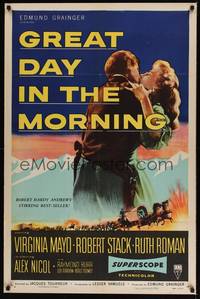 3t395 GREAT DAY IN THE MORNING style A 1sh '56 art of Robert Stack with two guns & Virginia Mayo!
