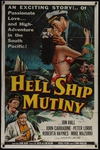 3t425 HELL SHIP MUTINY 1sh '57 Jon Hall kisses tropical bikini babe, John Carradine, Peter Lorre