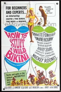 3t446 HOW TO STUFF A WILD BIKINI 1sh '65 Annette Funicello, Buster Keaton, motorcycle & bikini art