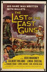 3t536 LAST OF THE FAST GUNS 1sh '58 Jock Mahoney's name was written with bullets, cool art!