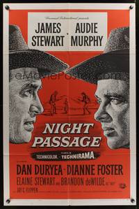 3t665 NIGHT PASSAGE 1sh '57 no one could stop the showdown between Jimmy Stewart & Audie Murphy!