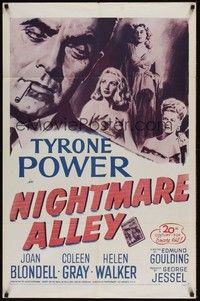 3t668 NIGHTMARE ALLEY 1sh R55 art of Tyrone Power with cigarette, Joan Blondell, Coleen Gray