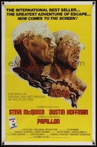 3t699 PAPILLON int'l 1sh '73 great art of prisoners Steve McQueen & Dustin Hoffman by Tom Jung!