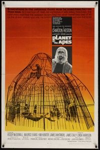 3t712 PLANET OF THE APES 1sh '68 Charlton Heston, classic sci-fi, cool image of caged humans!