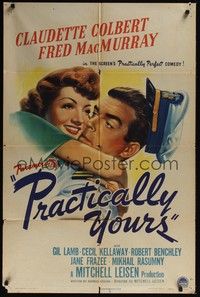 3t722 PRACTICALLY YOURS style A 1sh '44 great art of Claudette Colbert hugging Fred MacMurray!