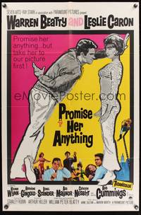 3t733 PROMISE HER ANYTHING 1sh '66 art of Warren Beatty w/fingers crossed & pretty Leslie Caron!