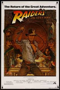 3t742 RAIDERS OF THE LOST ARK 1sh R82 great art of adventurer Harrison Ford by Richard Amsel!