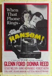 3t747 RANSOM 1sh '56 great image of Glenn Ford & Donna Reed waiting for call from kidnapper!
