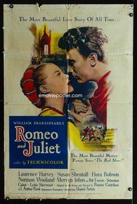 3t771 ROMEO & JULIET 1sh '55 close up of Laurence Harvey romancing Susan Shentall, Shakespeare!