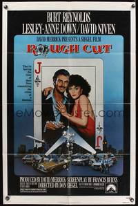 3t772 ROUGH CUT 1sh '80 Don Siegel, Burt Reynolds, sexy Lesley-Anne Down, playing card art!