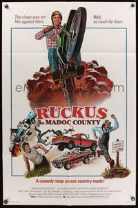 3t775 RUCKUS 1sh '81 cool artwork of Dirk Benedict riding motorcycle, Rucks in Madoc County!
